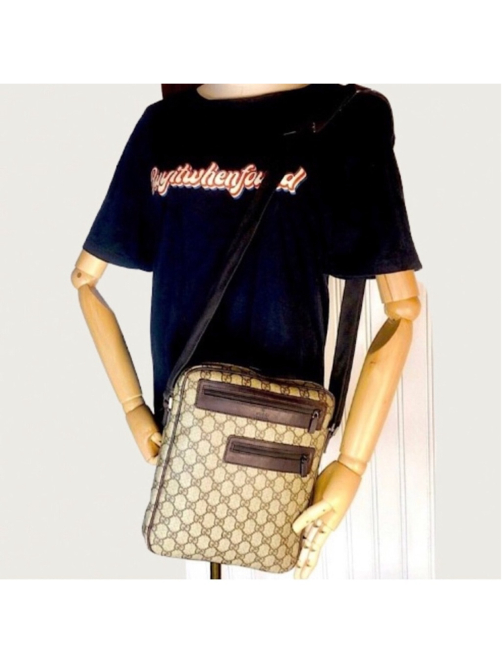 GUCCI GG Monogram Coated Canvas Brown Leather Crossbody Messenger Bag VINTAGE